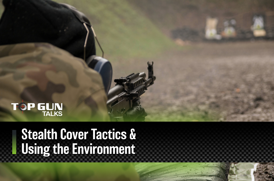 Shooter in camouflage and hearing protection aiming on an outdoor range, illustrating stealth cover tactics and using the environment for cover and concealment.
