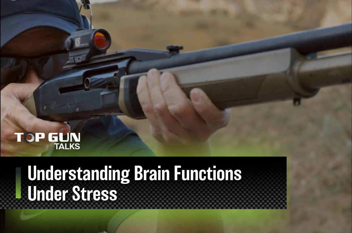 A person holds a rifle in a natural outdoor setting, with text overlay discussing brain functions under stress.