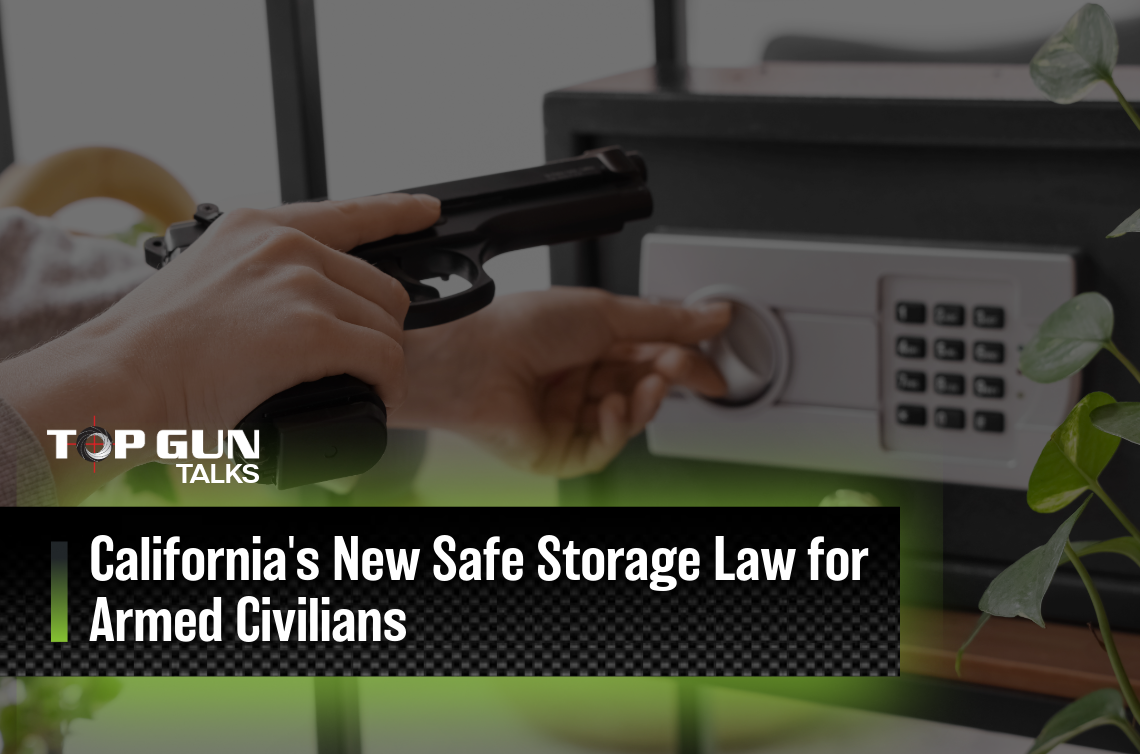 Person securing a handgun in a biometric safe, illustrating California's safe firearm storage requirements for responsible gun owners.